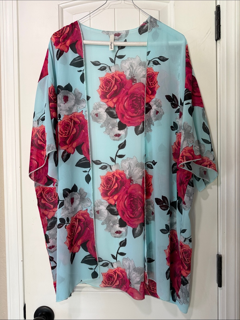 Aqua Floral Open-Front Kimono Tunic with Red Rose Print